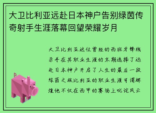 大卫比利亚远赴日本神户告别绿茵传奇射手生涯落幕回望荣耀岁月 大卫比利亚远赴日本神户告别绿茵传奇射手生涯落幕回望荣耀岁月
